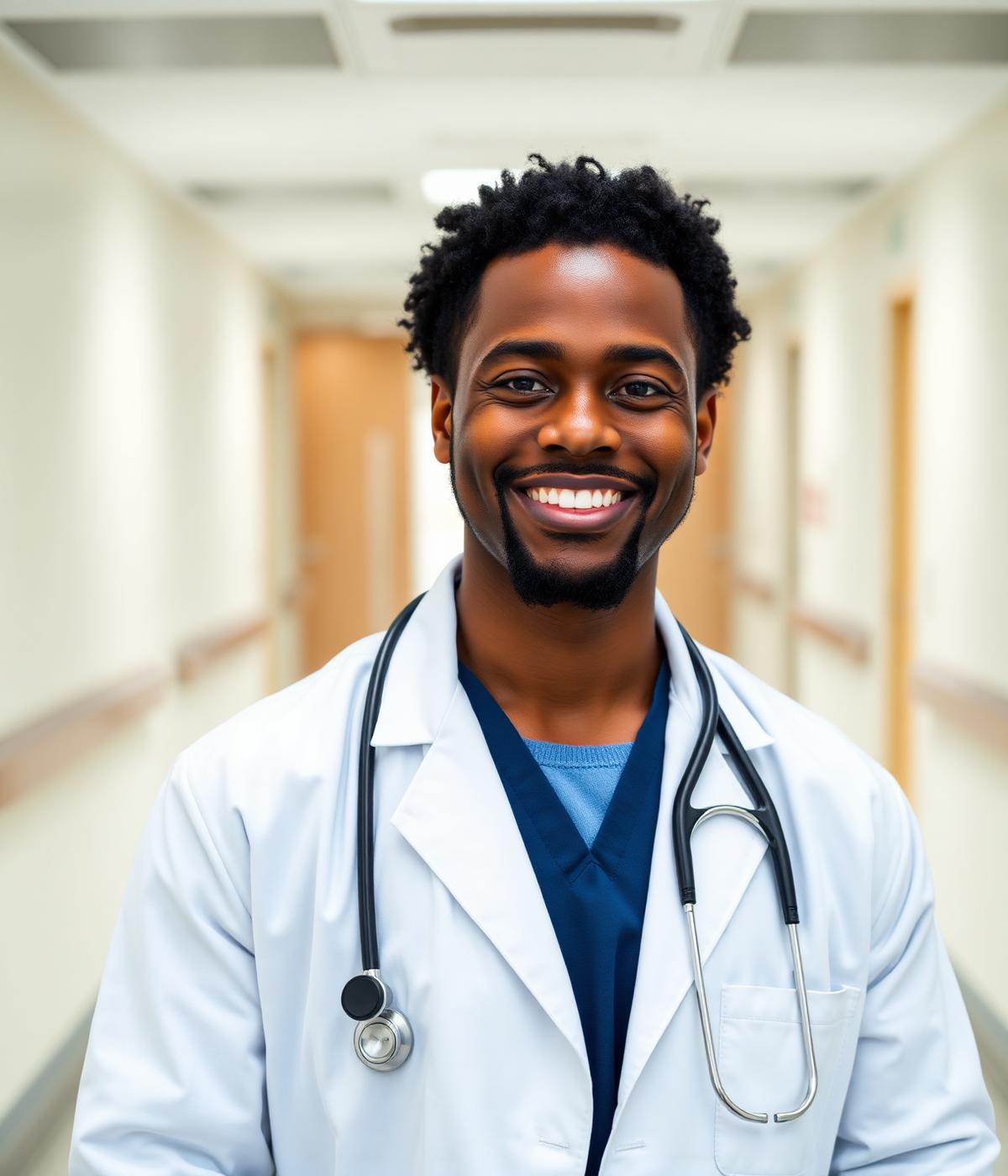 A young Black male doctor in a lab coat with stethoscope