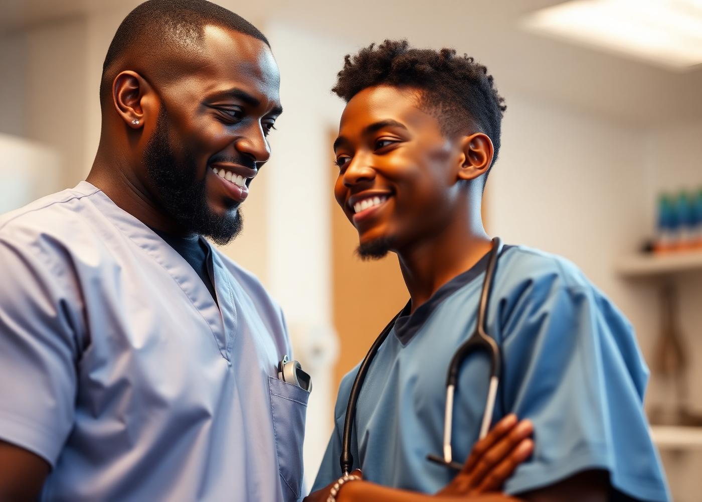 A Black healthcare mentor encouraging a young Black teenager